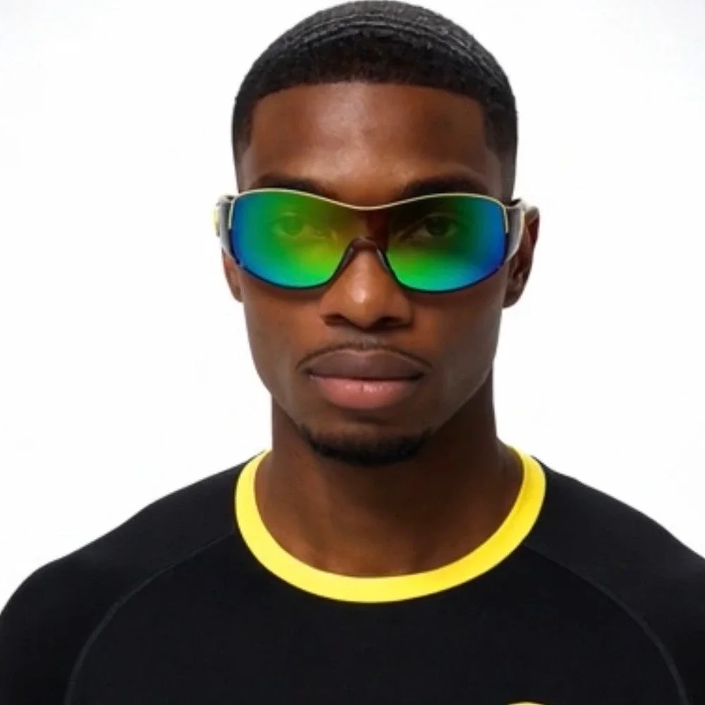 Men Black Yellow Wrap Sunglasses Green Mirror Shield Racing Sport Fishing Shades